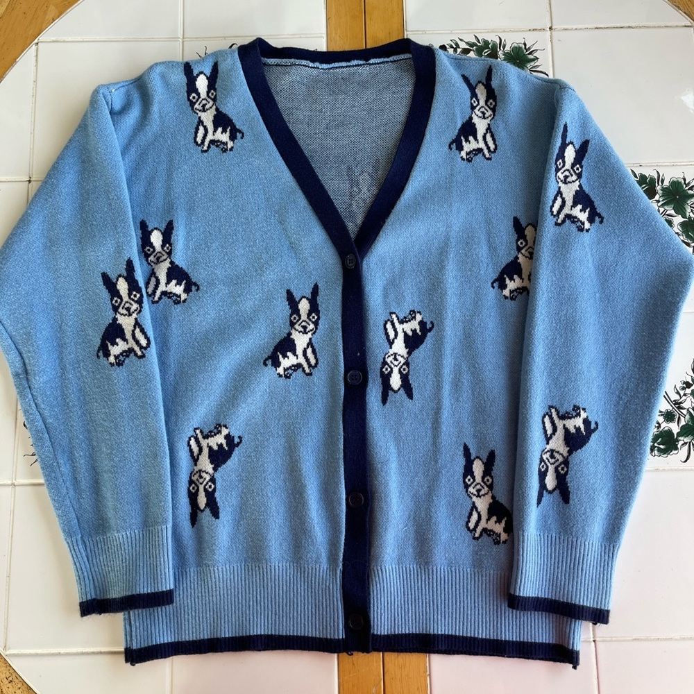Women’s Cardigan Sweater Small Puppy Dog Pattern Frenchie / Boston Terrier EUC!!
